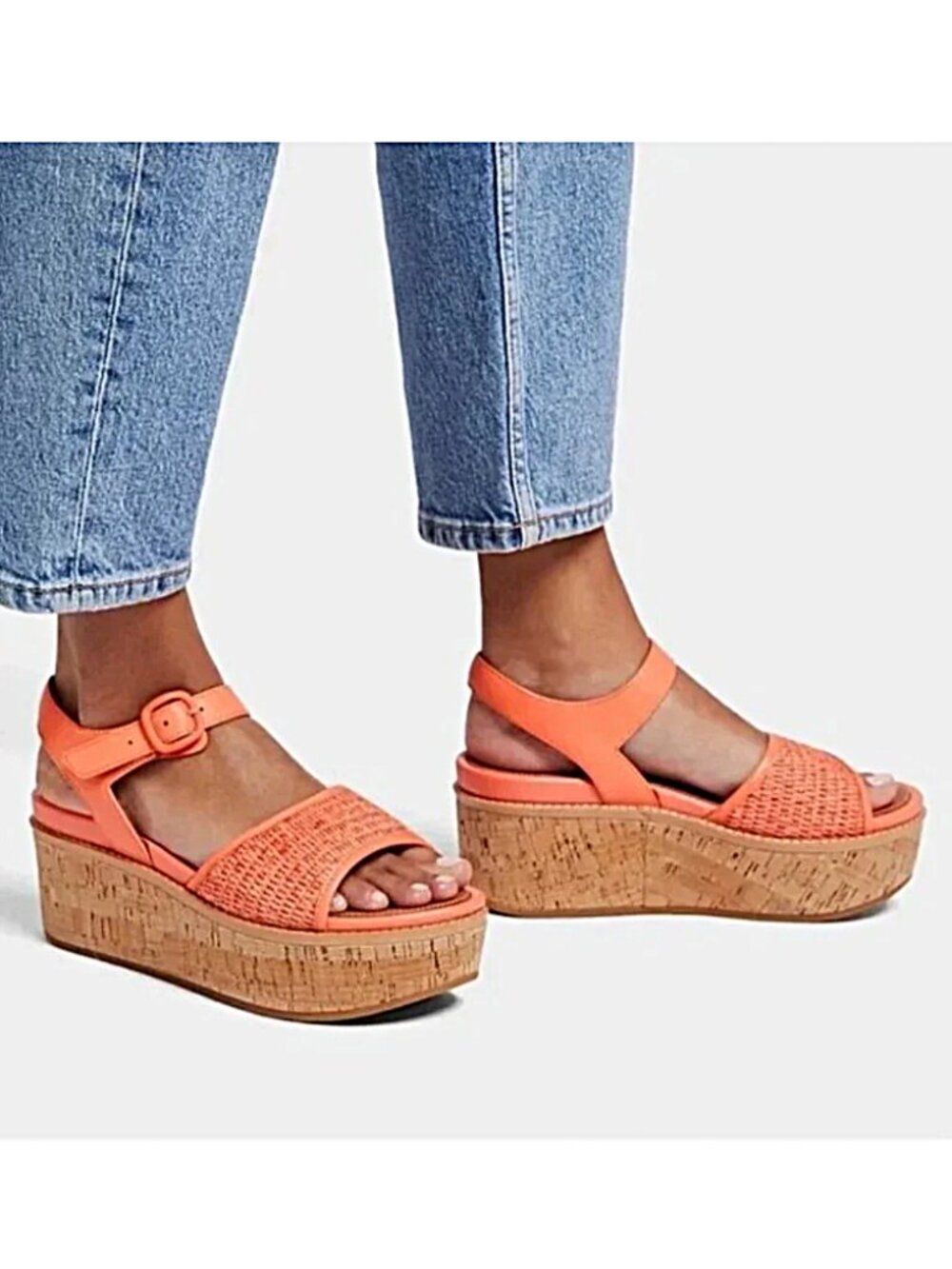 FITFLOP Leather Eloise Cork Wrap Woven Back Strap Wedge Sandals